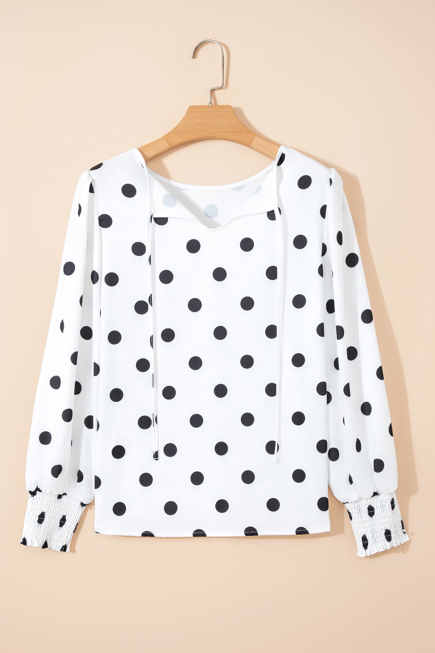 White Polka Dot Print Round Neck Frilled Long Sleeve Blouse