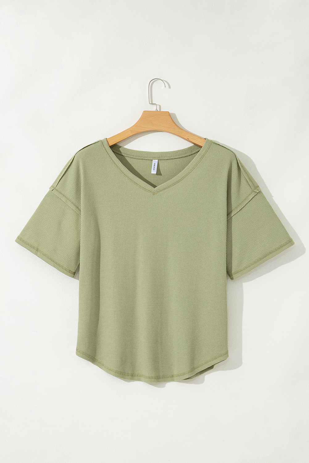 White Exposed Seam Half Sleeve Knitted V Neck Textured Top