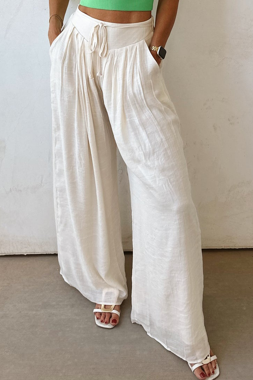 White Solid Drop Waist Pleated Wide Leg Casual Pants