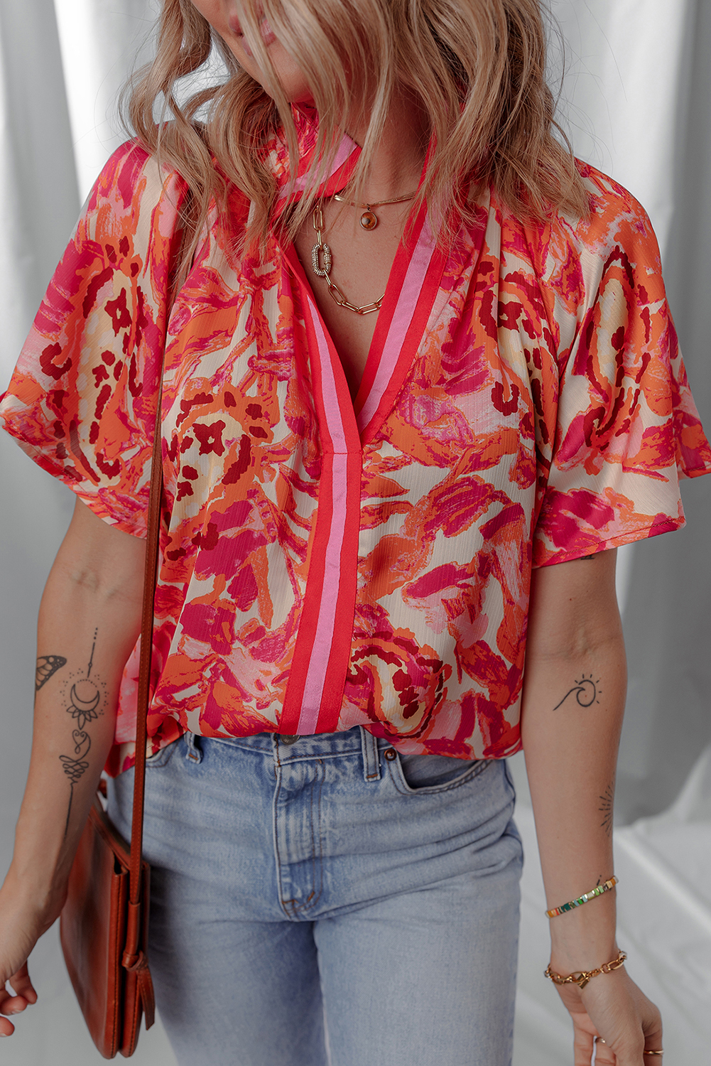 Rose Abstract Print Striped Trim Split Neck Blouse