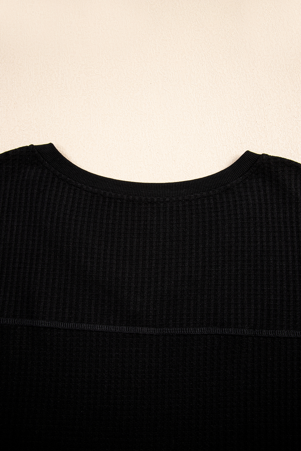 Black Waffle Texture Ribbed V Neck Drop Shoulder Loose Tee