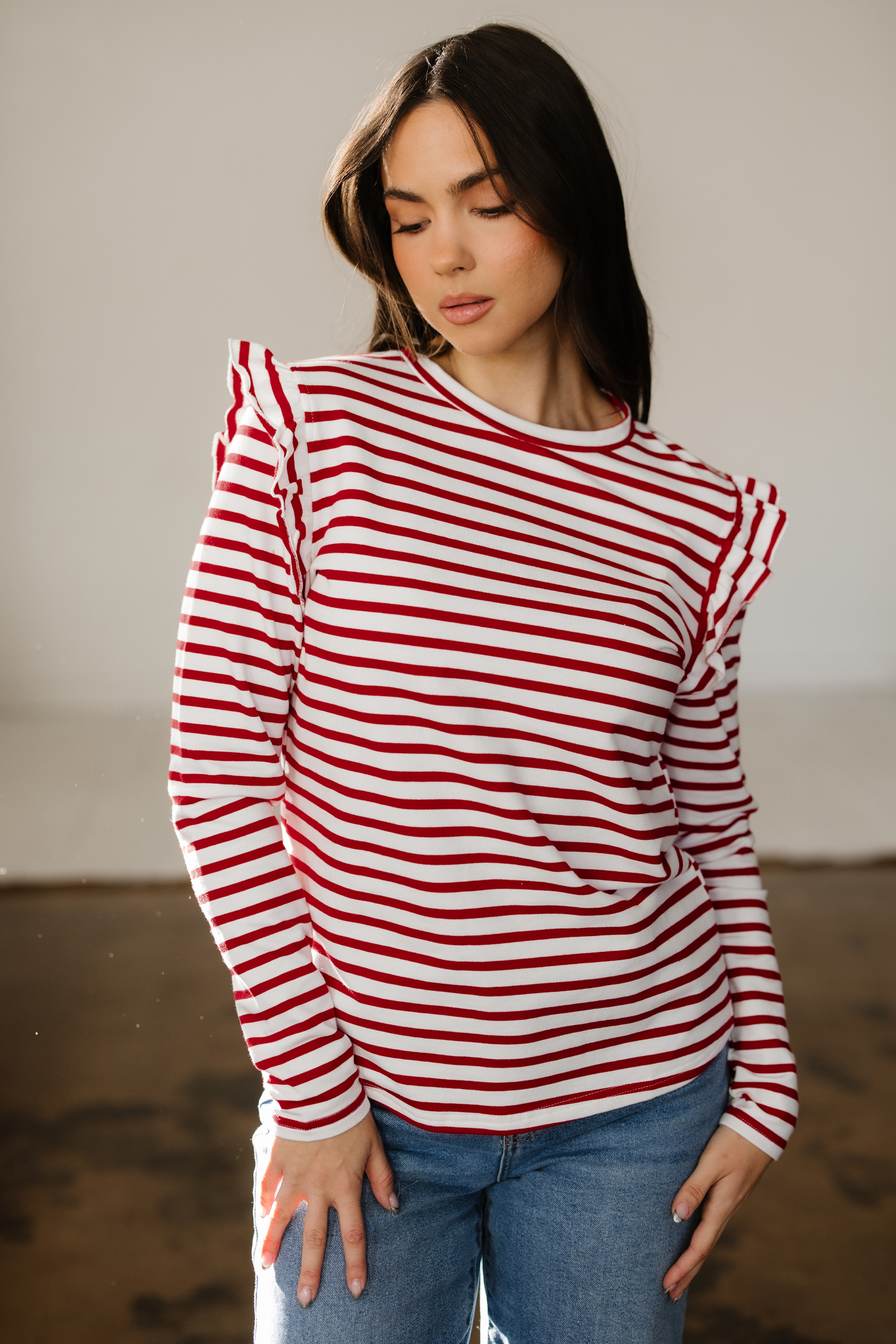 Red Stripe Round Neck Ruffle Trim Long Sleeve Top
