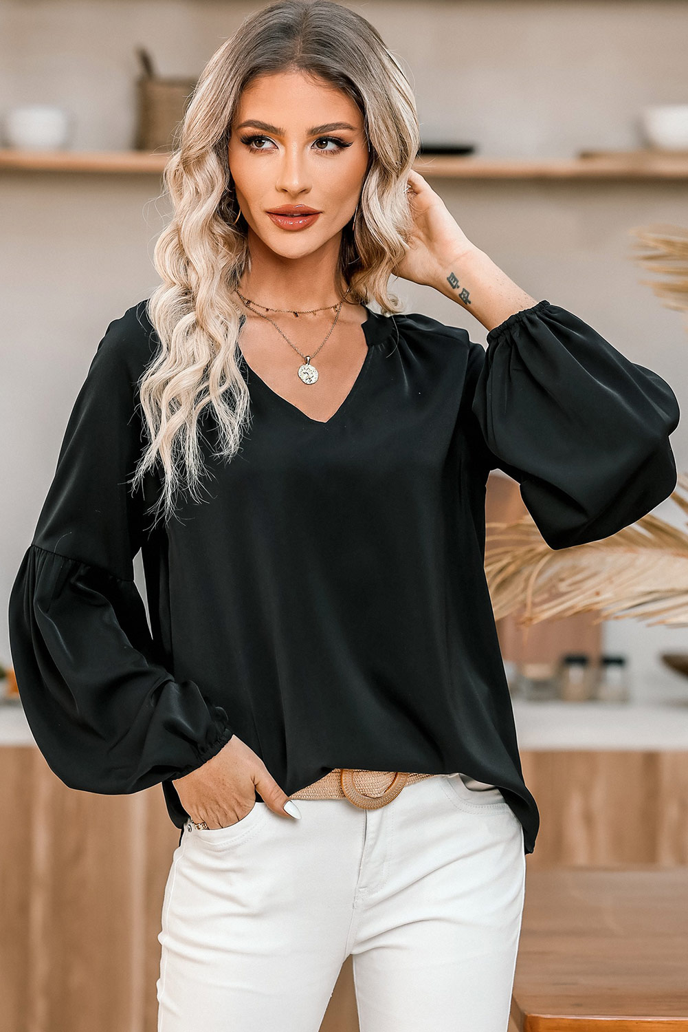 Black V Neck Long Puff Sleeve Top
