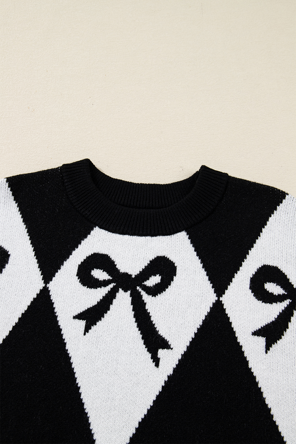Black Bow Print 2-tone Rhombus Knit Loose Sweater