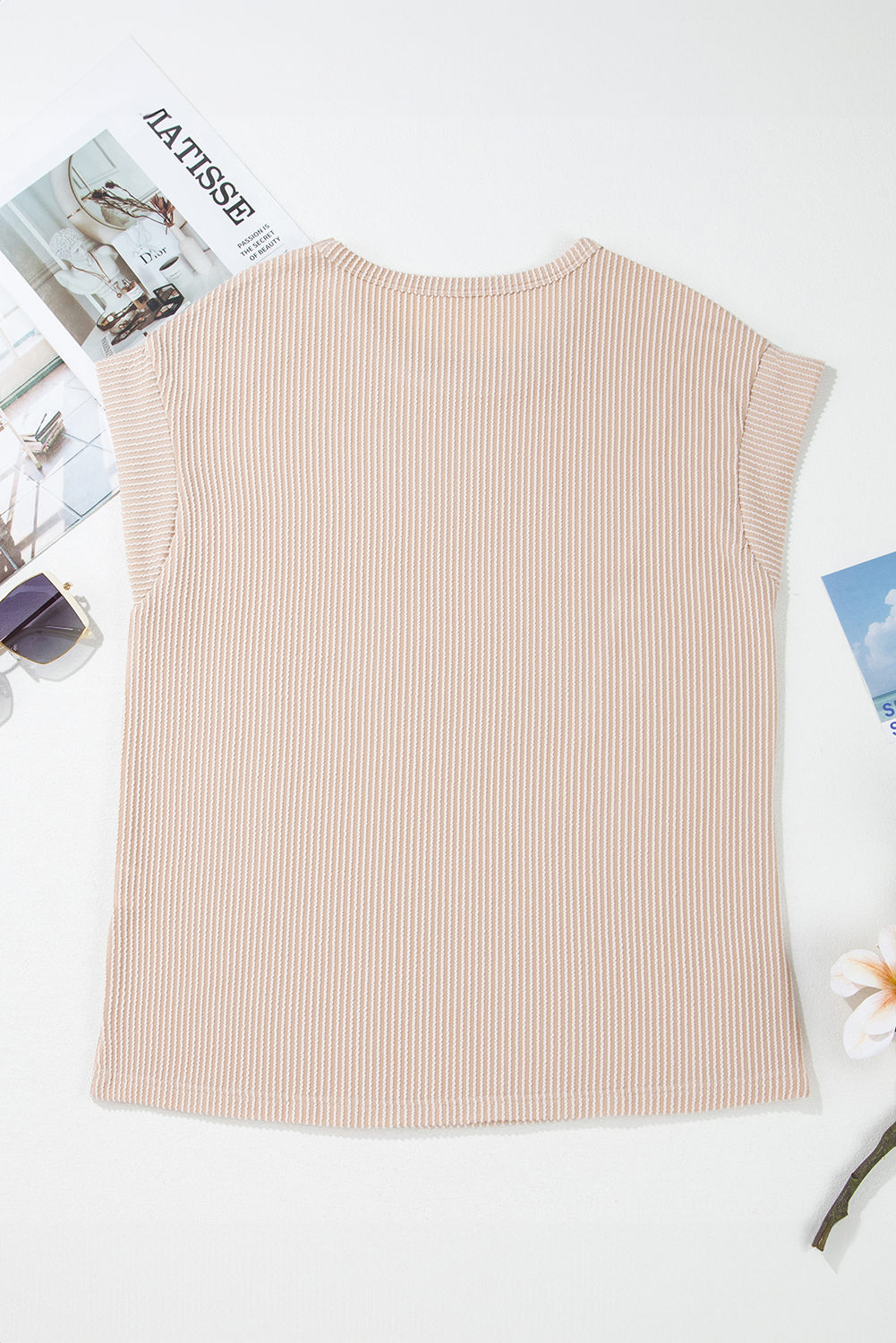 Gray Twisted Rib Wide Sleeve Crew Neck T Shirt