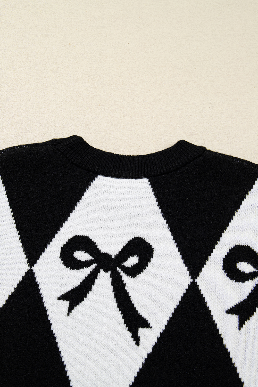 Black Bow Print 2-tone Rhombus Knit Loose Sweater