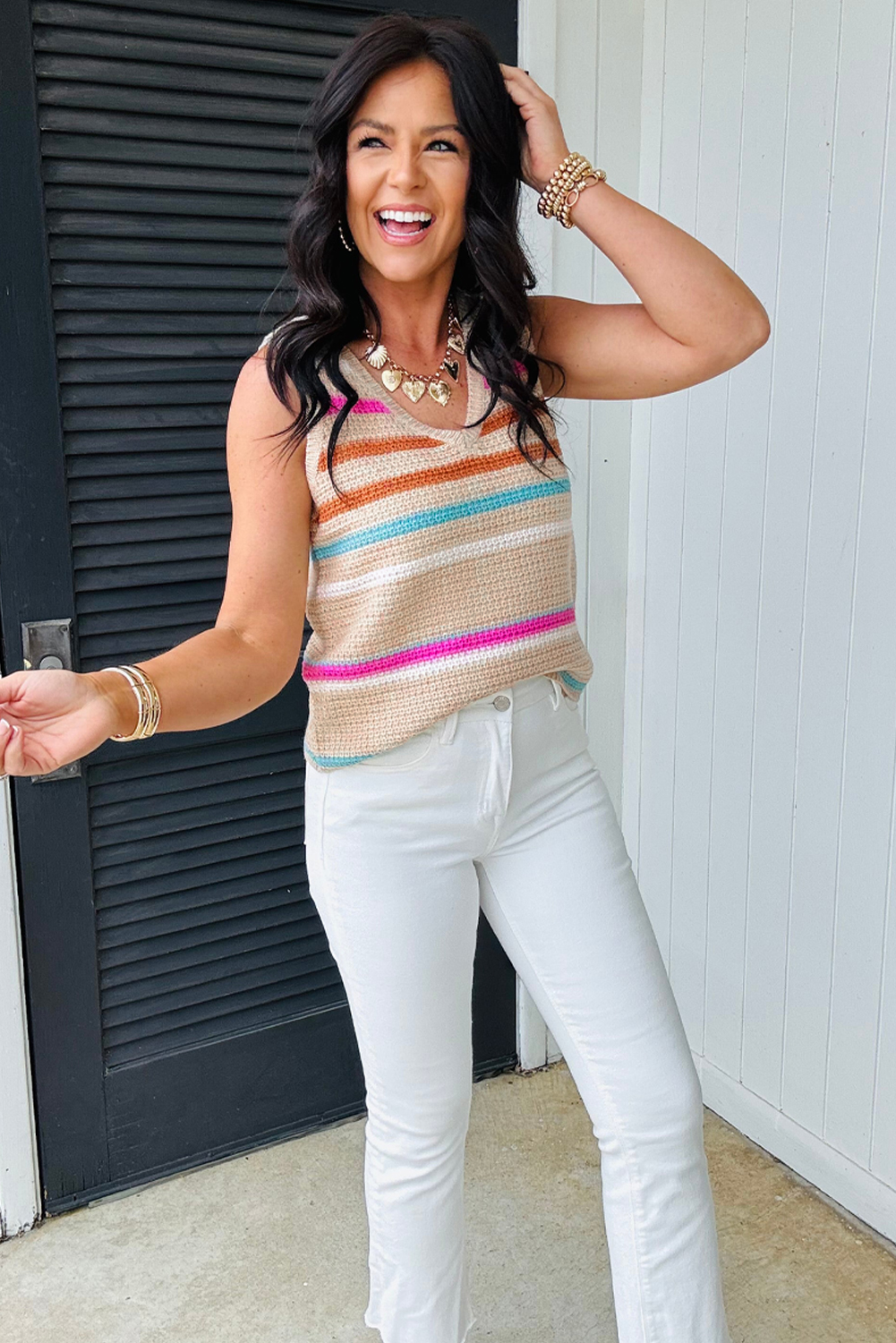 Khaki Stripe Textured Knit V Neck Sweater Vest