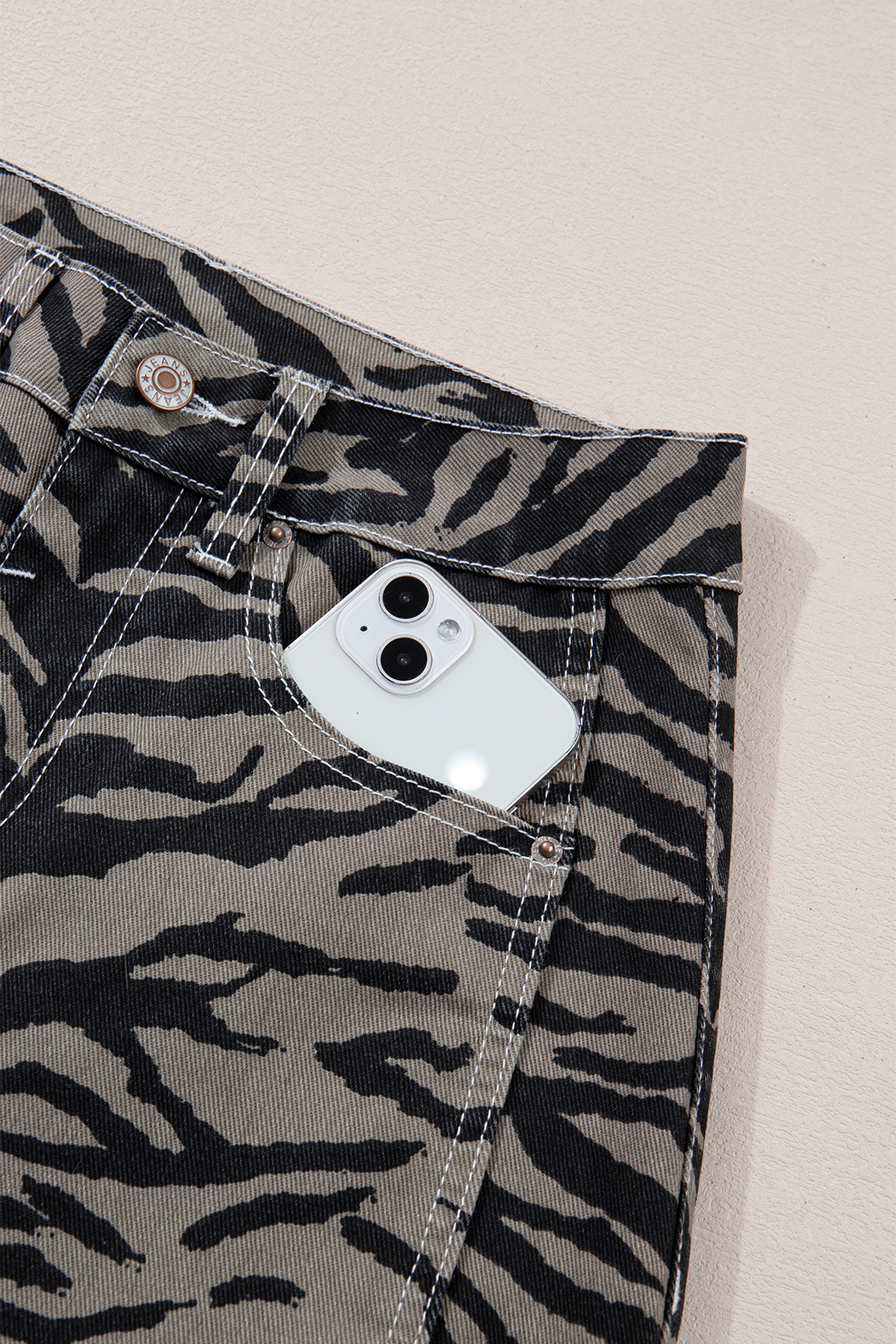 Gray Zebra Stripe Printed Wide Leg Jeans