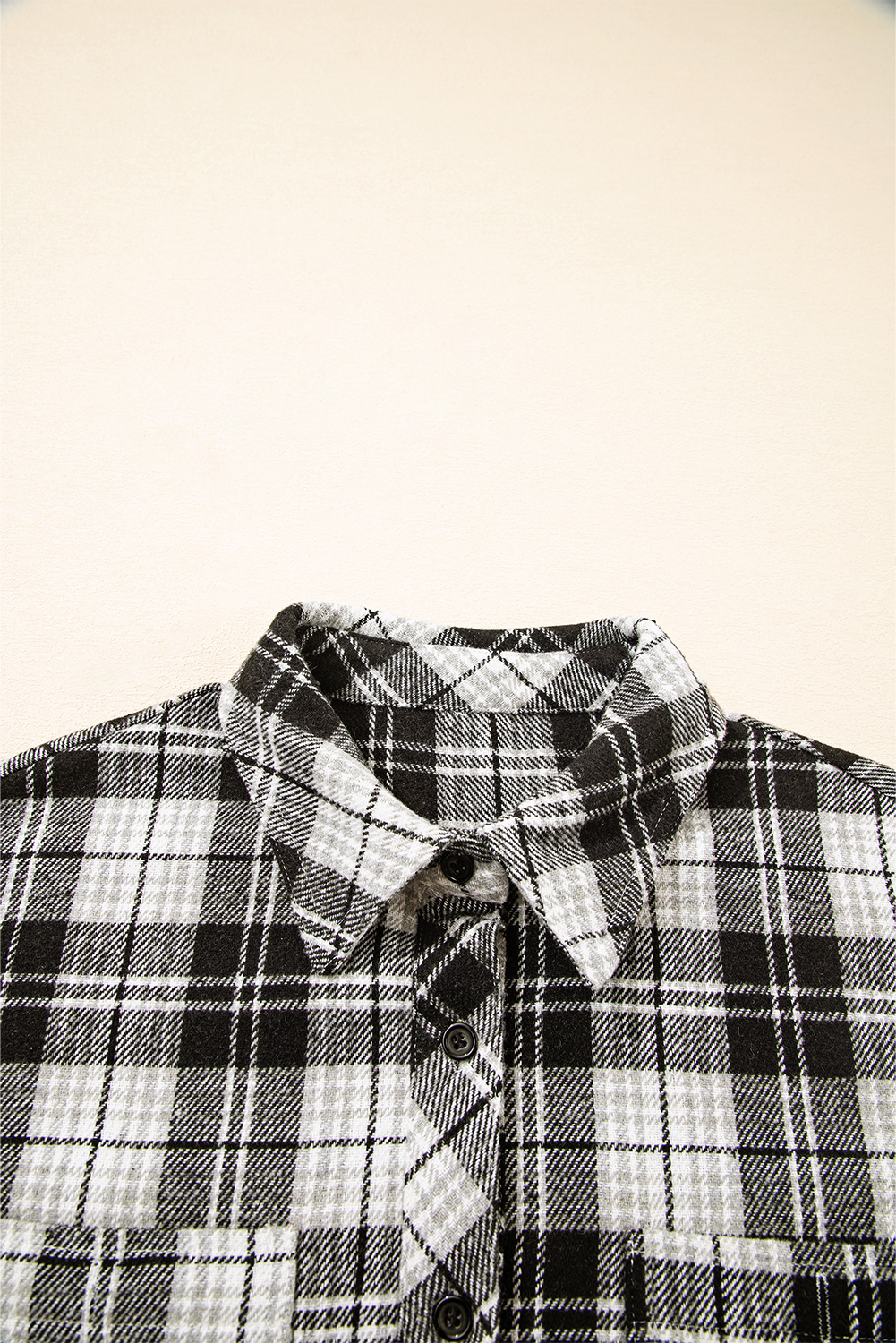 Black Plaid Print Chest Pockets Buttoned Shirt