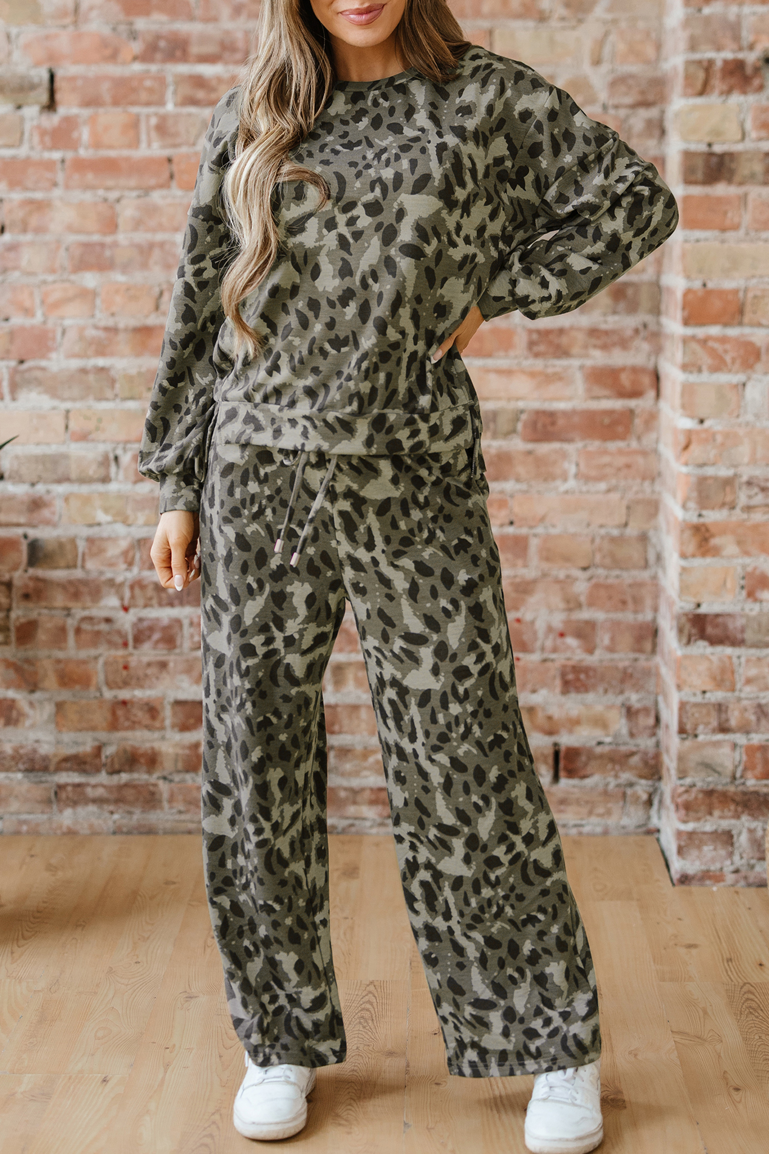 Brown Leopard Loose Tee Drawstring Waist Barrel Pants Set