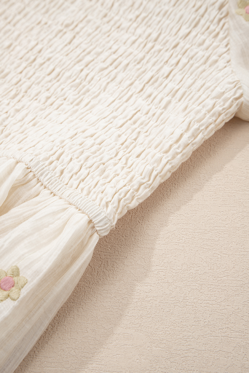 Beige Embroidered Flower Smocked Bust Half Puff Sleeve Empire Waist Textured Flowy Dress