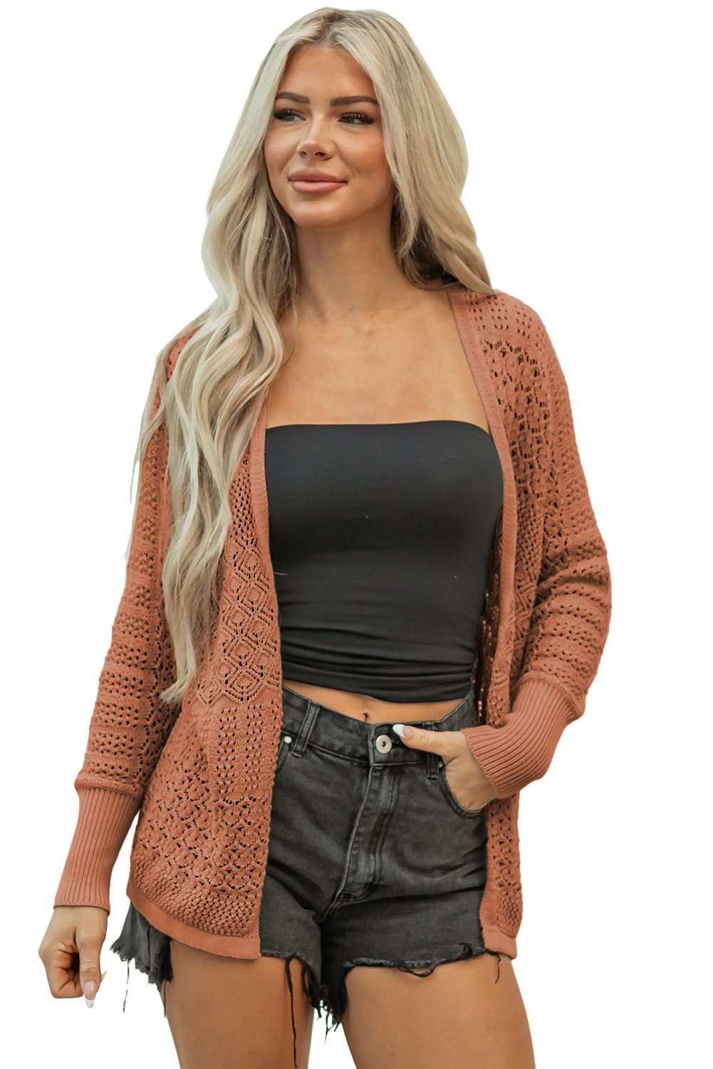 Redwood Burl Mixed Pattern Knitted Open Front Plus Cardigan