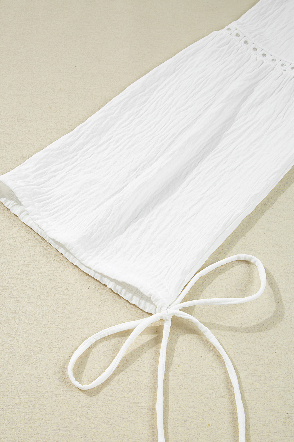 White Drawstring Lace Detail Puff Sleeve Split Neck Spring Fall Blouse