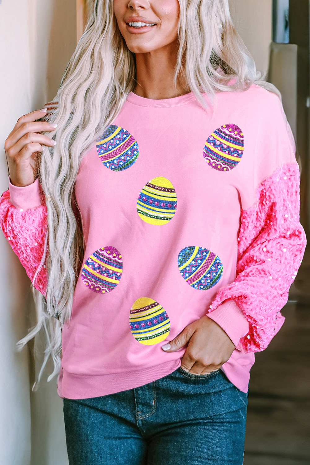 Pink Easter Egg Patched Sequin Sleeve Patchwork Crewneck Pullover Top