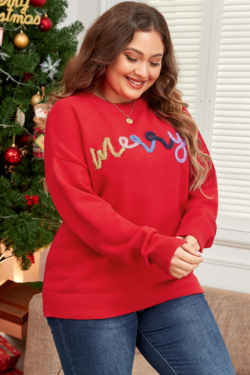 Fiery Red Tinsel Merry Letter Drop Shoulder Baggy Sweater