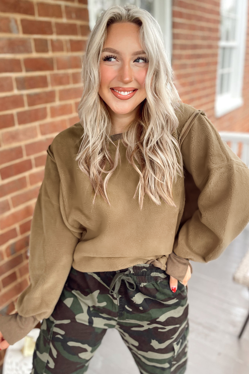 Dark Khaki Fuzzy Sherpa Splicing Pullover Sweatshirt with Side Slit