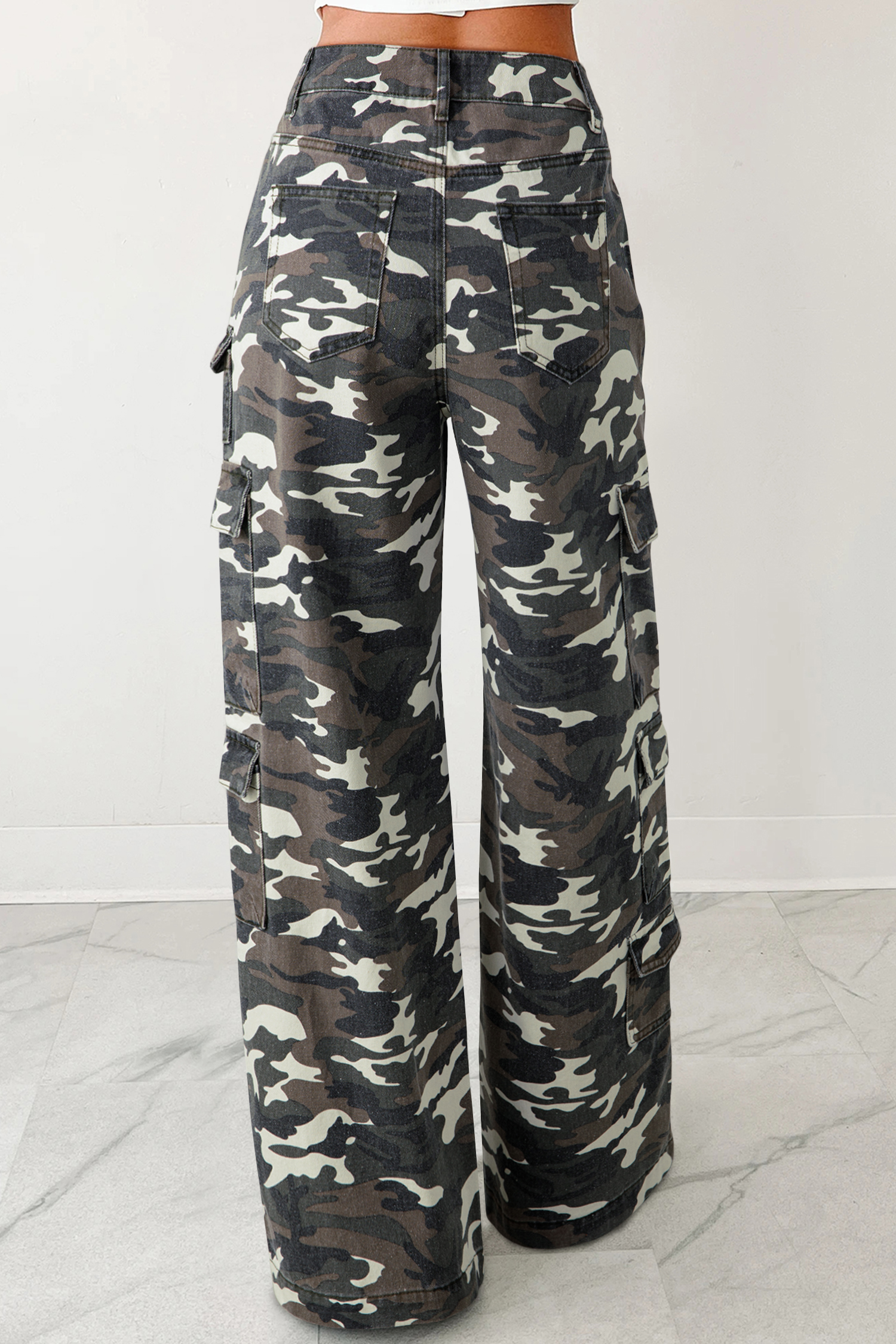 Green Camo Denim Cargo Wide Leg Pants
