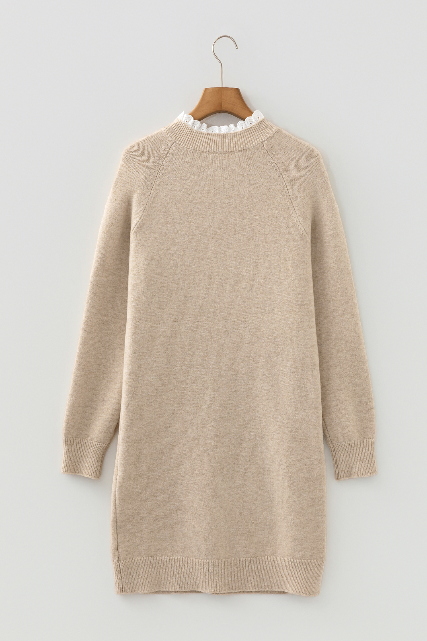 Parchment Button Lace Detail Raglan Sleeve Shift Mini Sweater Dress
