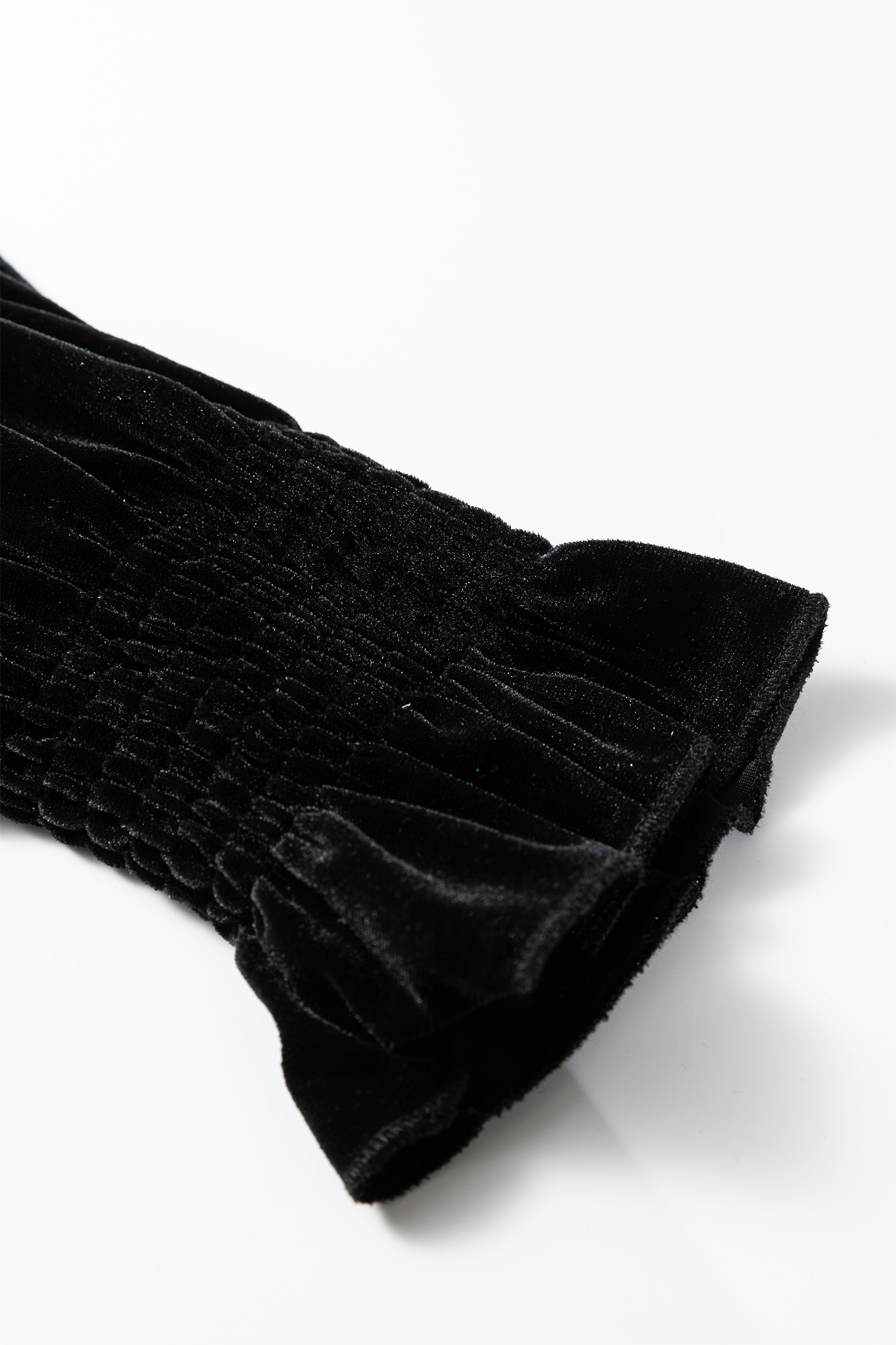 Black Frilled Collared Smocked Cuffs Puff Sleeve Velvet Blouse