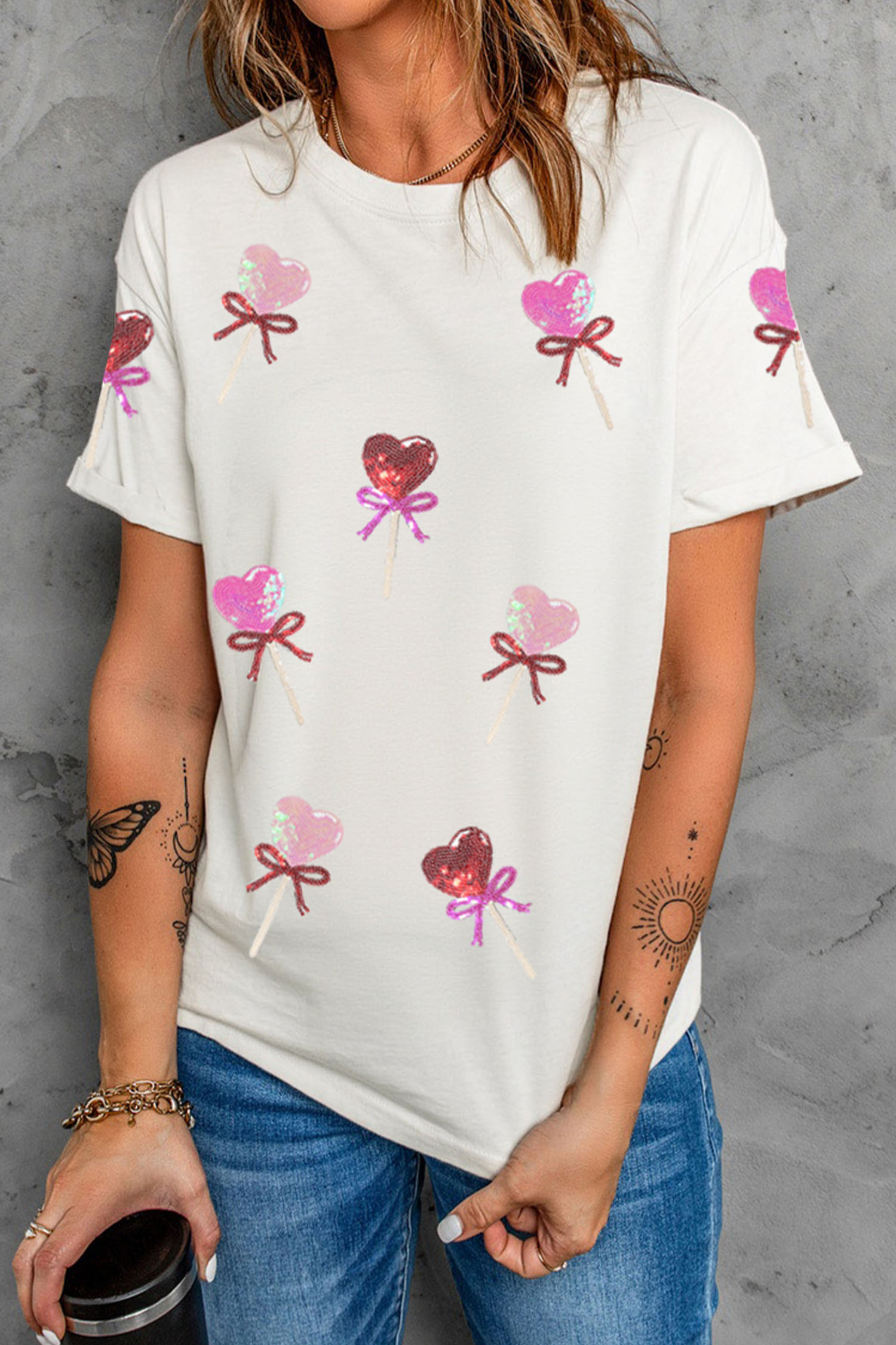 White Sequin Bow Heart Shape Lolly Valentines Day Graphic Tee