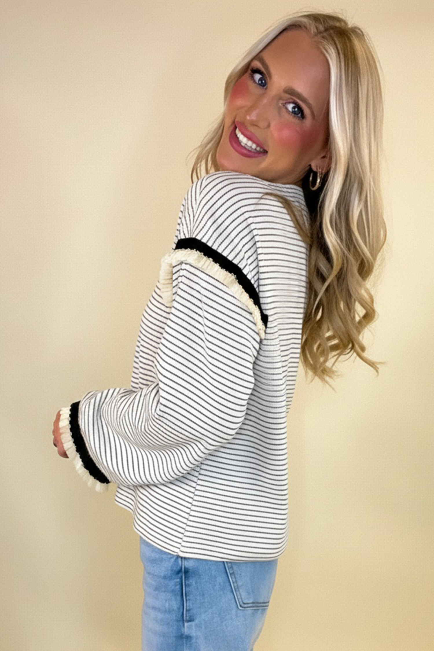 White Stripe Contrasted Ruffle Trim Loose Long Sleeve Top