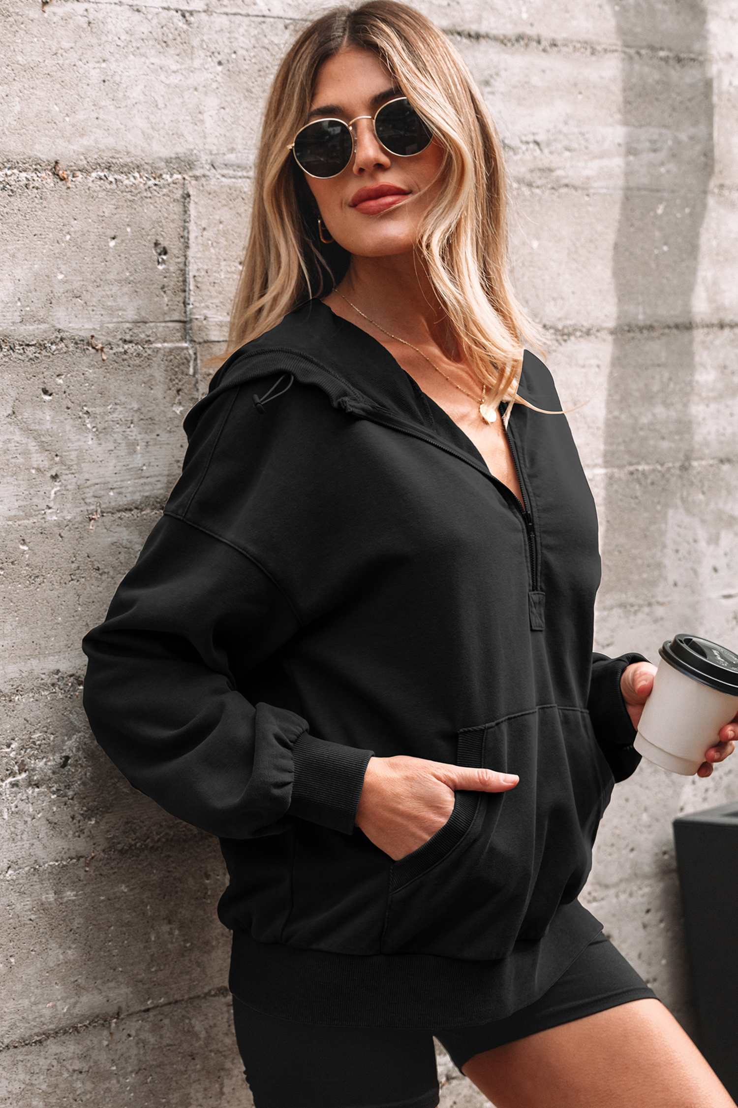 Canton Half Zip Kangaroo Pocket Mineral Wash Baggy Hoodie