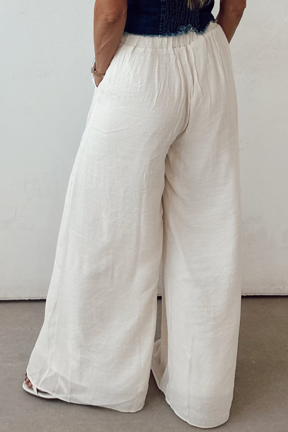 White Solid Drop Waist Pleated Wide Leg Casual Pants