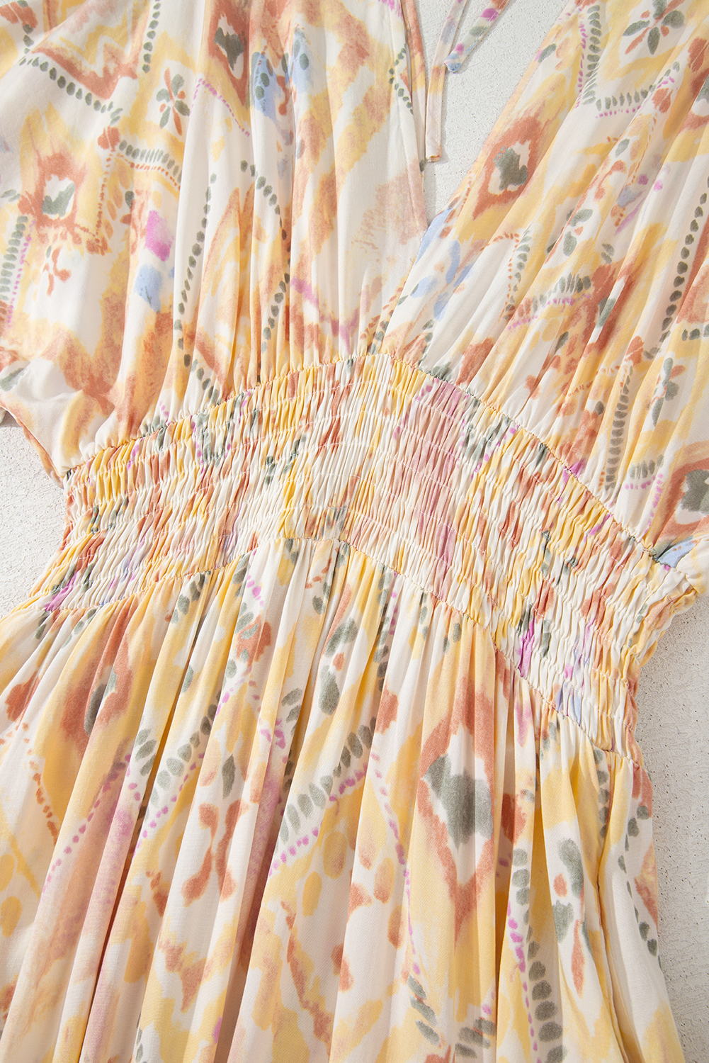 Multicolour Geometric Print Half Sleeve Shirred High Waist Maxi Dress