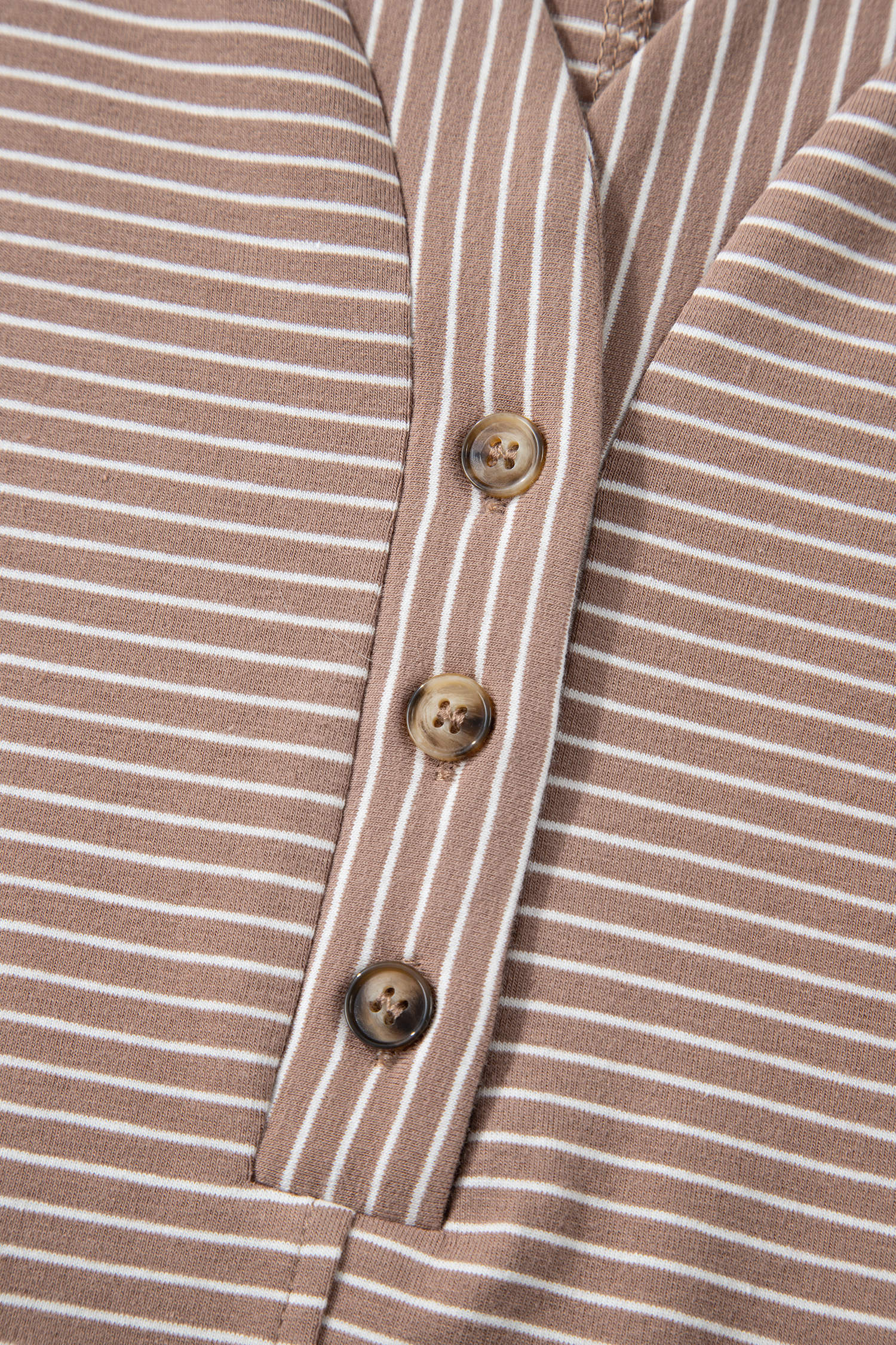 Khaki Stripe Buttoned V Neck High Low Side Slit T Shirt