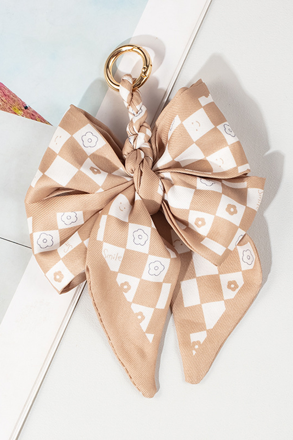 Smoke Gray Checkered Flower Bow Knot Keychain