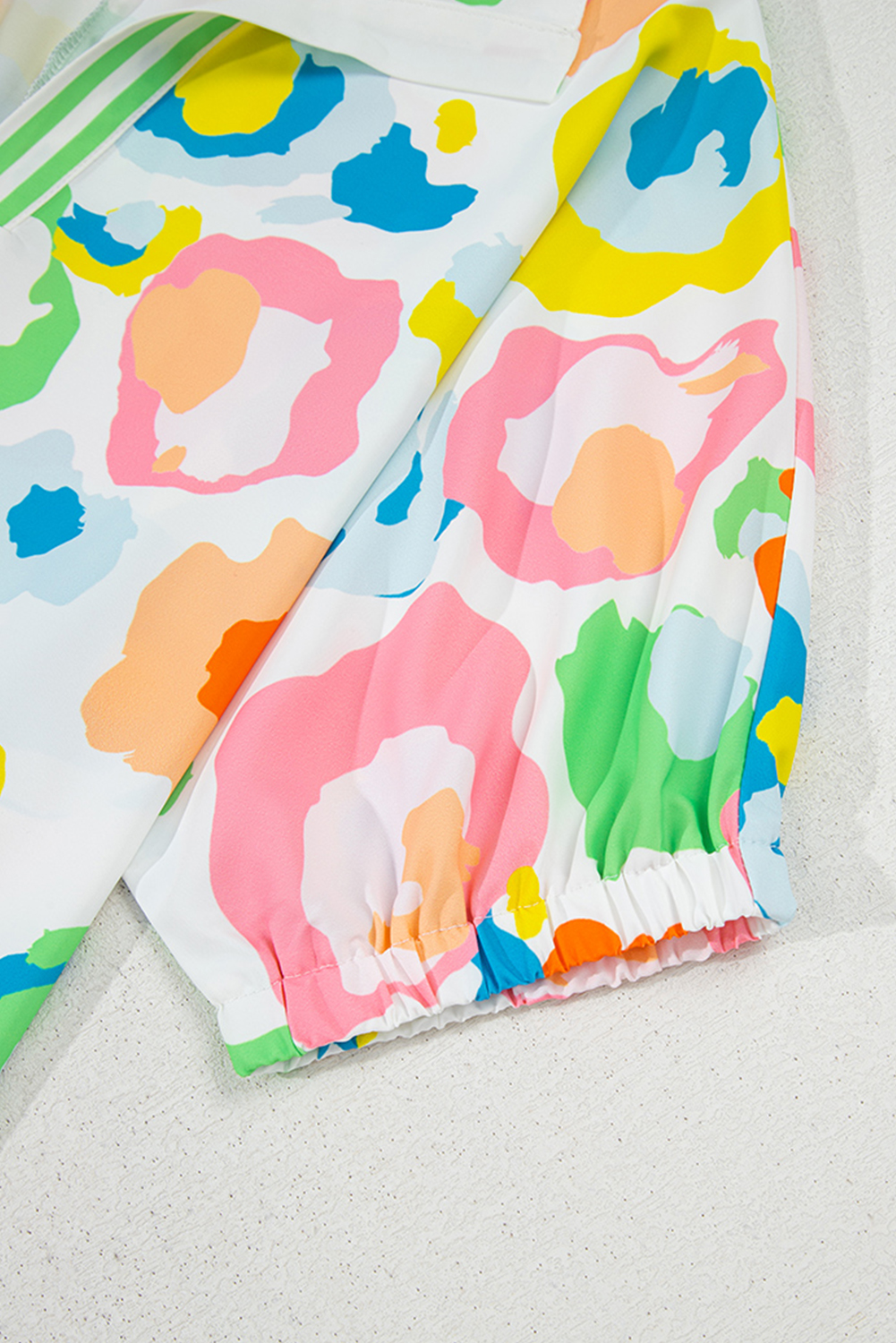 Green Chic Leopard Print Striped Detail Split Neck Blouse