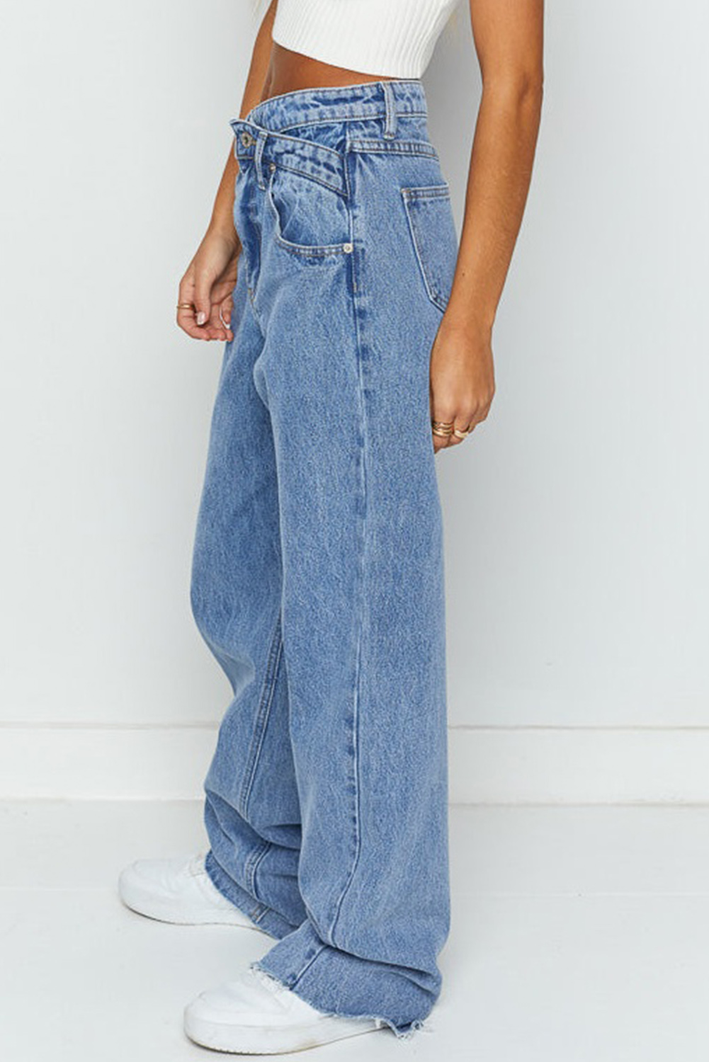 Blue Mid Rise Asymmetrical Waist Wide Leg Jeans