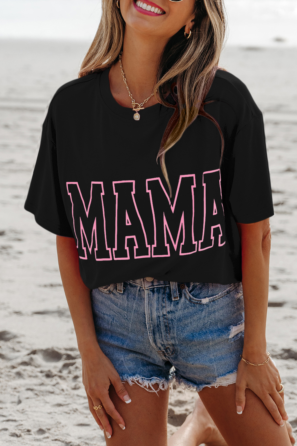 Black MAMA Letter Graphic Neon T Shirt