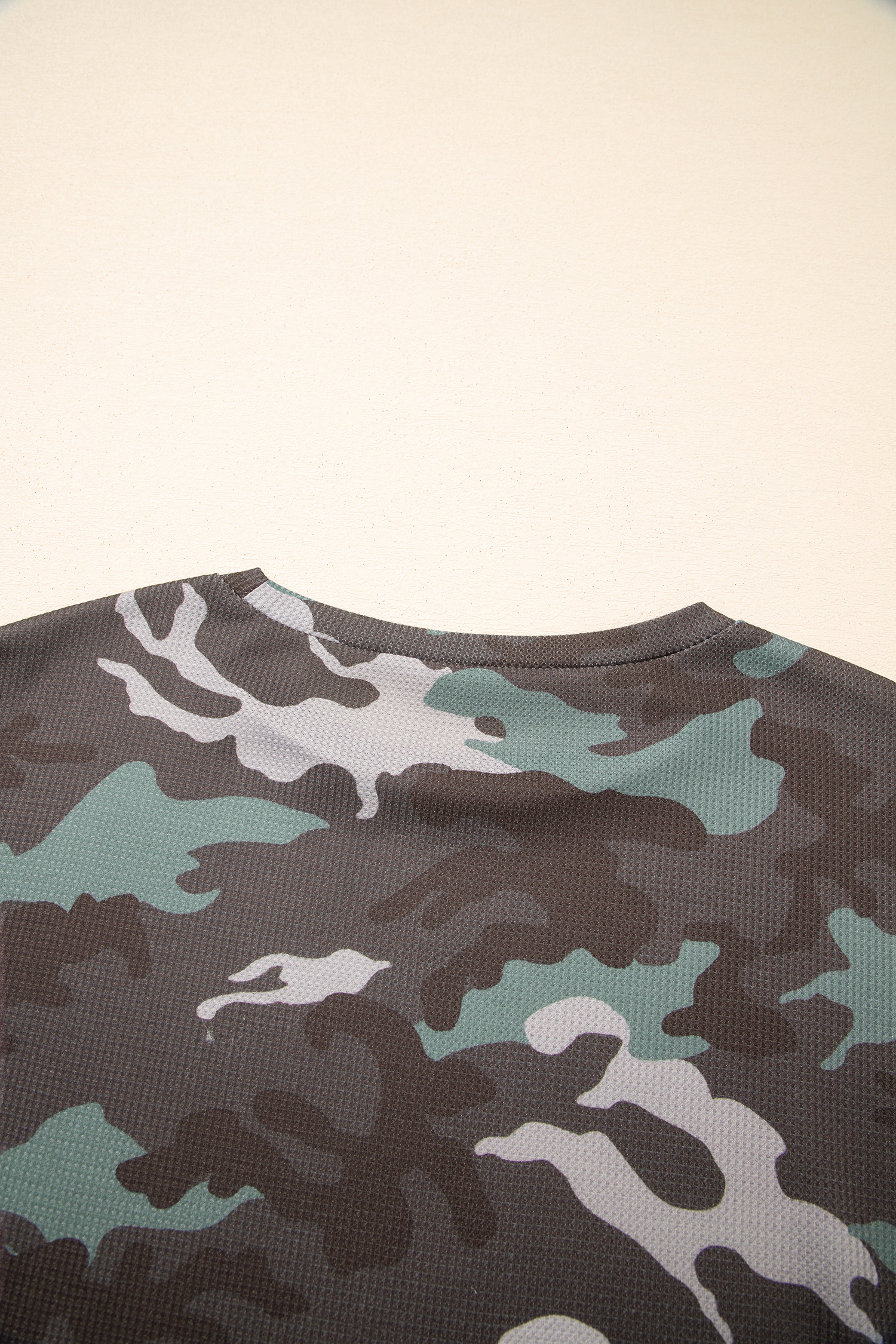 Green Camouflage Print Textured Drop Shoulder Long Sleeve Top