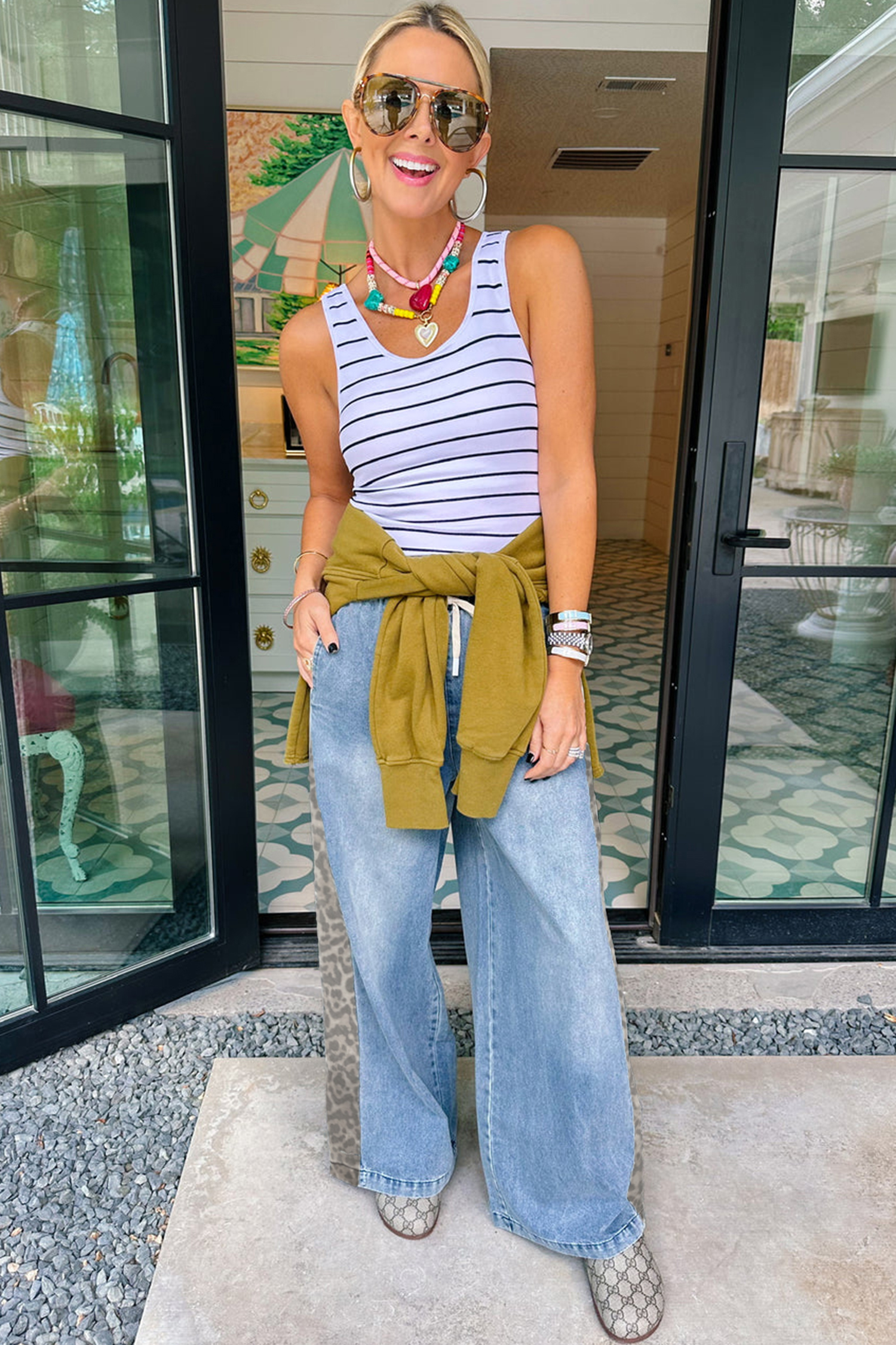 Beau Blue Drawstring Elastic Waist Leopard Striped Side Panel Wide Leg Jeans