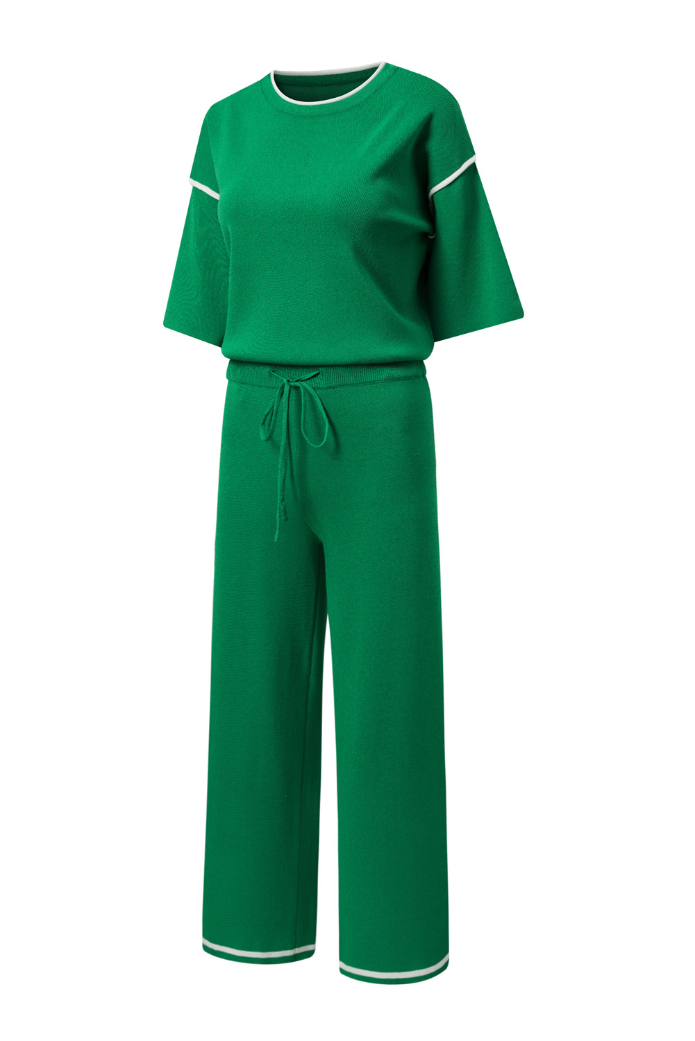 Blackish Green Contrast Trim Half Sleeve Top Drawstring Pants Loose 2pcs Sweater Suit