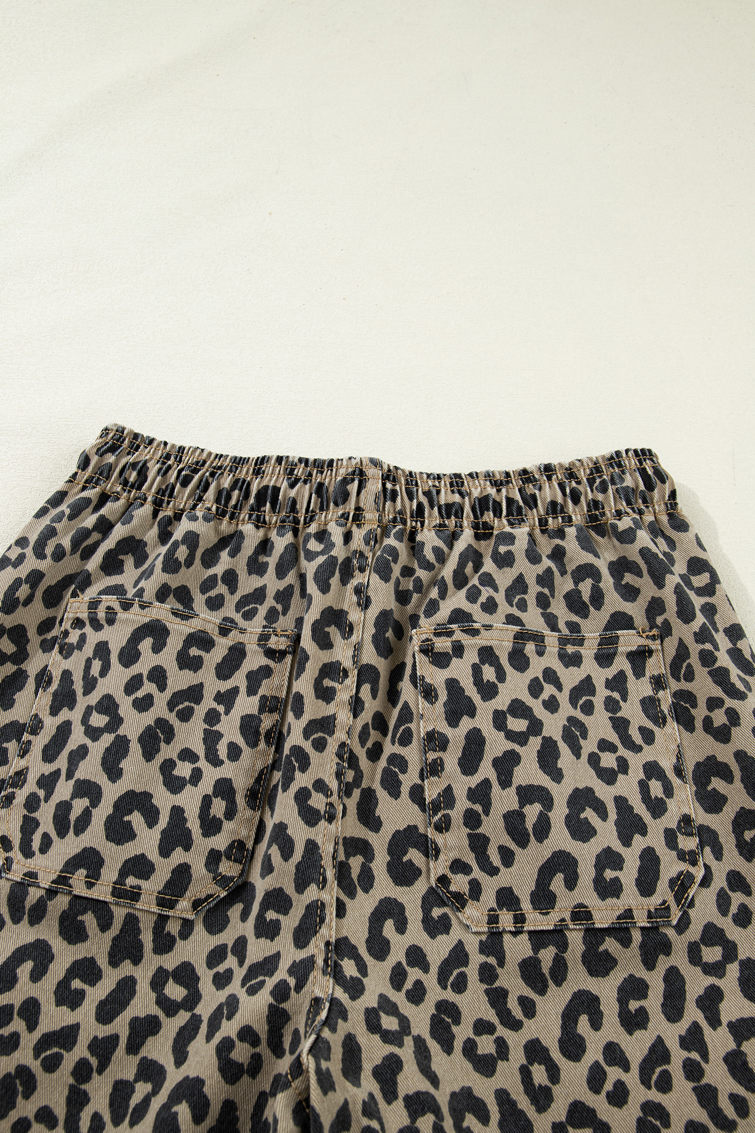 Khaki Leopard Print Drawstring Elastic Waist Loose Denim Pants with Pockets