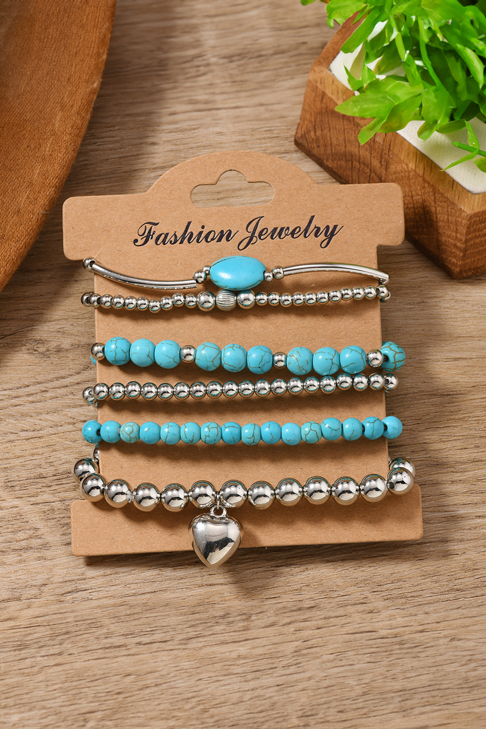 Silvery Pleated Heart Charm Beaded Turquoise Multilayer 6pcs Bracelet Set