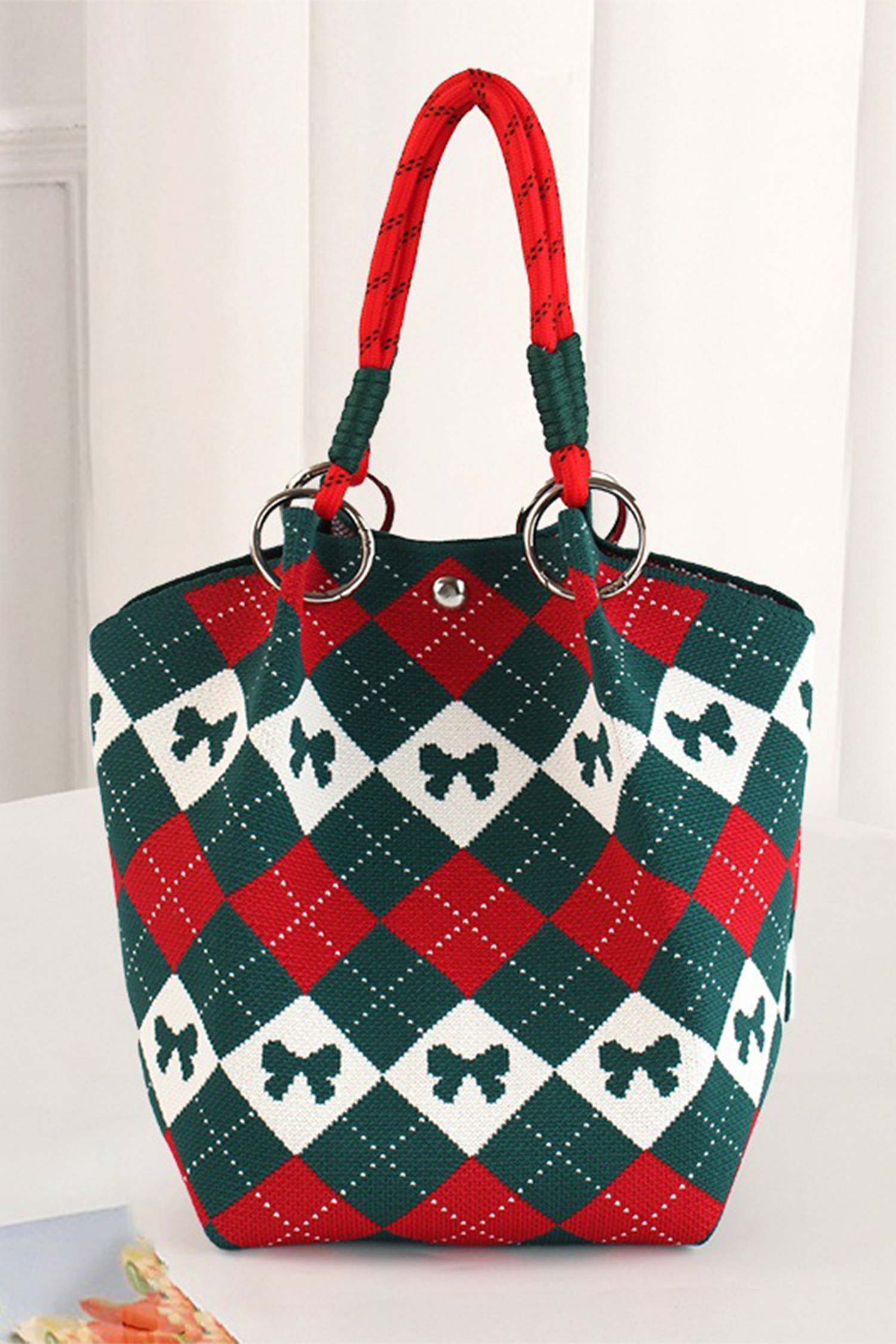 Fiery Red Retro Argyle Bow Printed Fashion Knit Bucket Bag