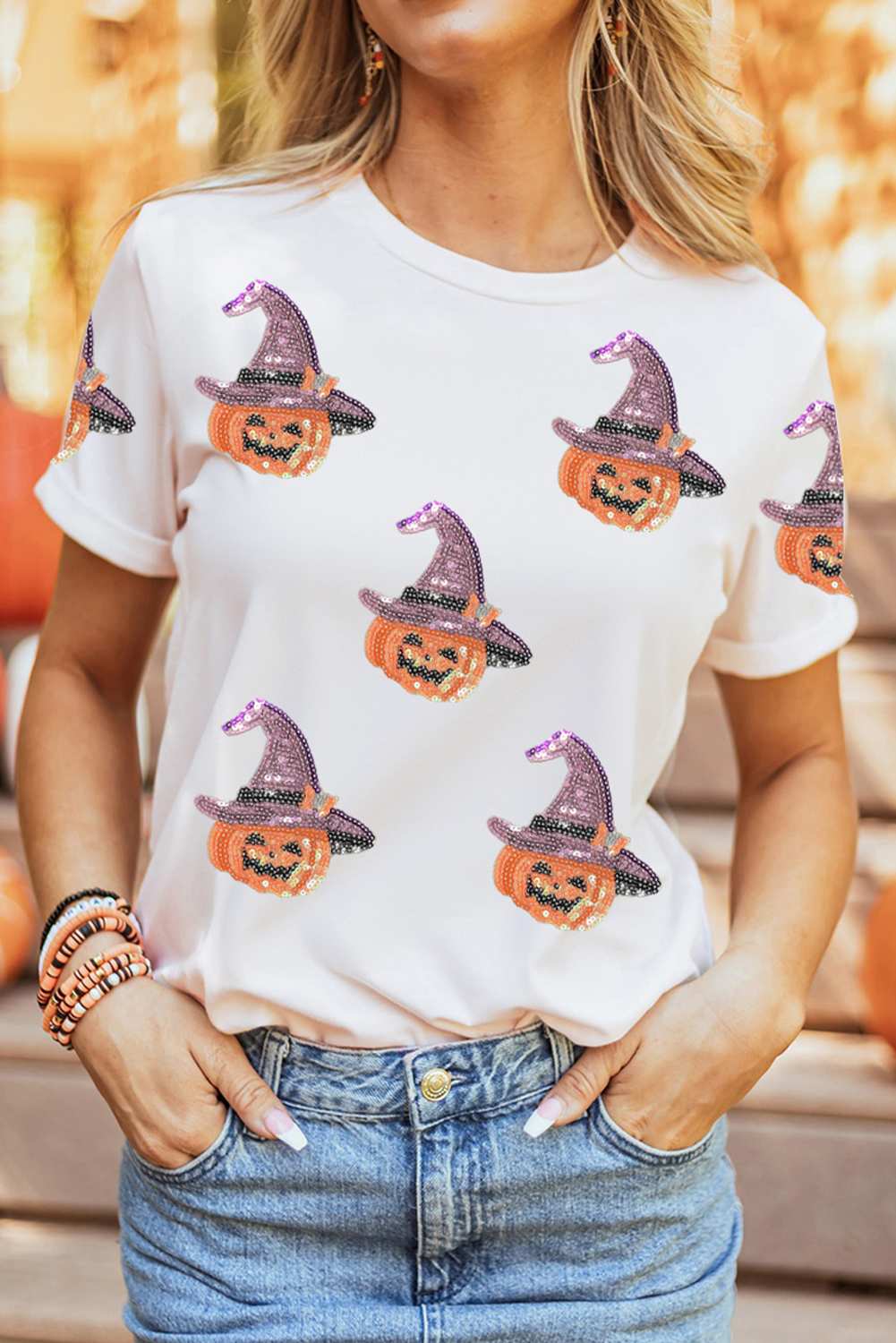 White Sequin Pumpkin Witch Halloween Graphic Tee