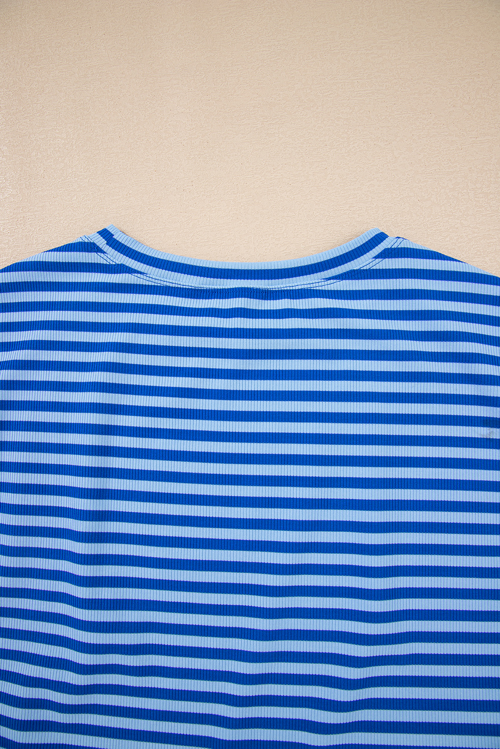 Sky Blue Stripe Ribbed Cap Sleeve Round Neck T Shirt