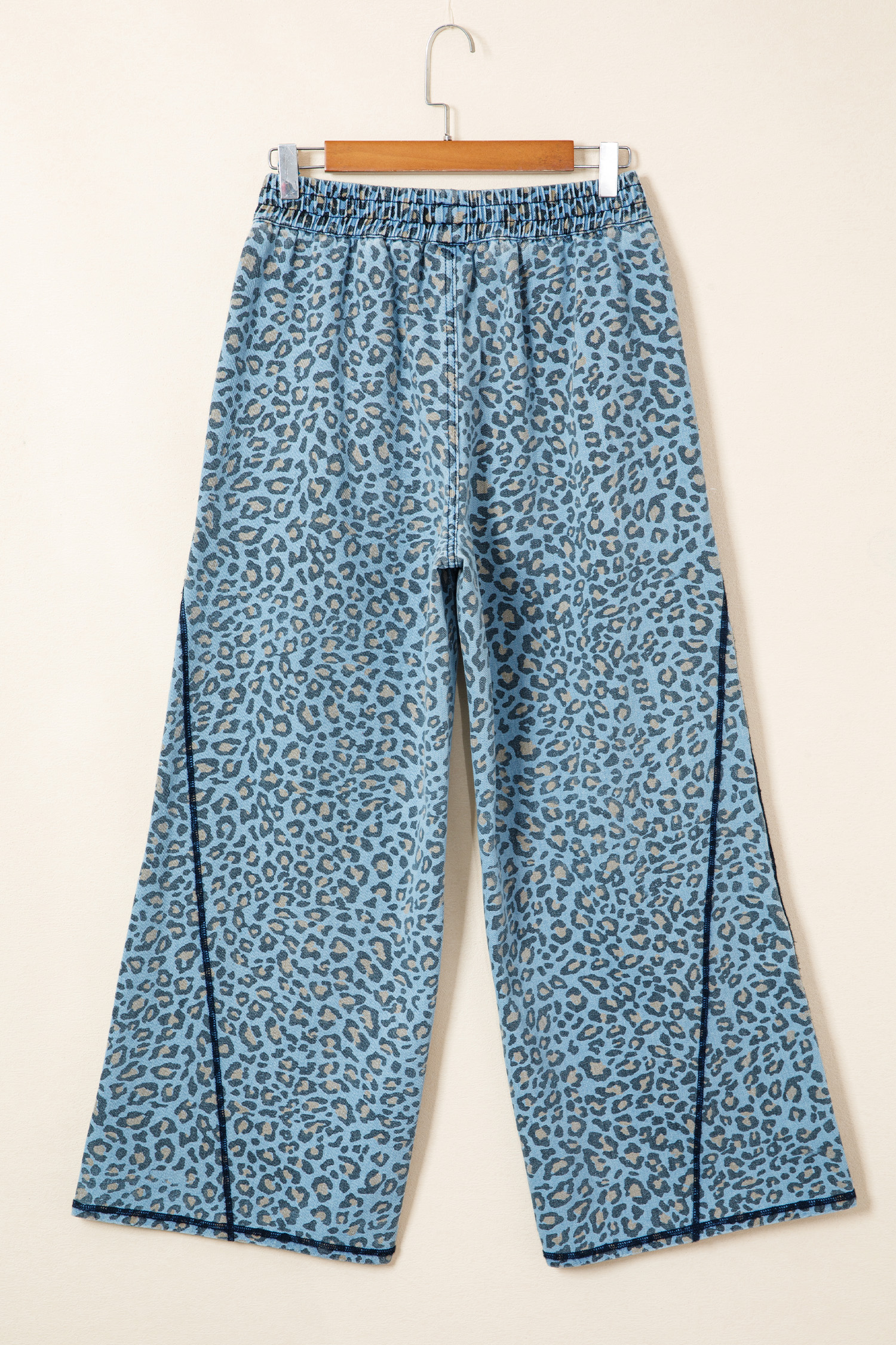 Blue Leopard Print Exposed Seam Detail Wide Leg Drawstring Jeans