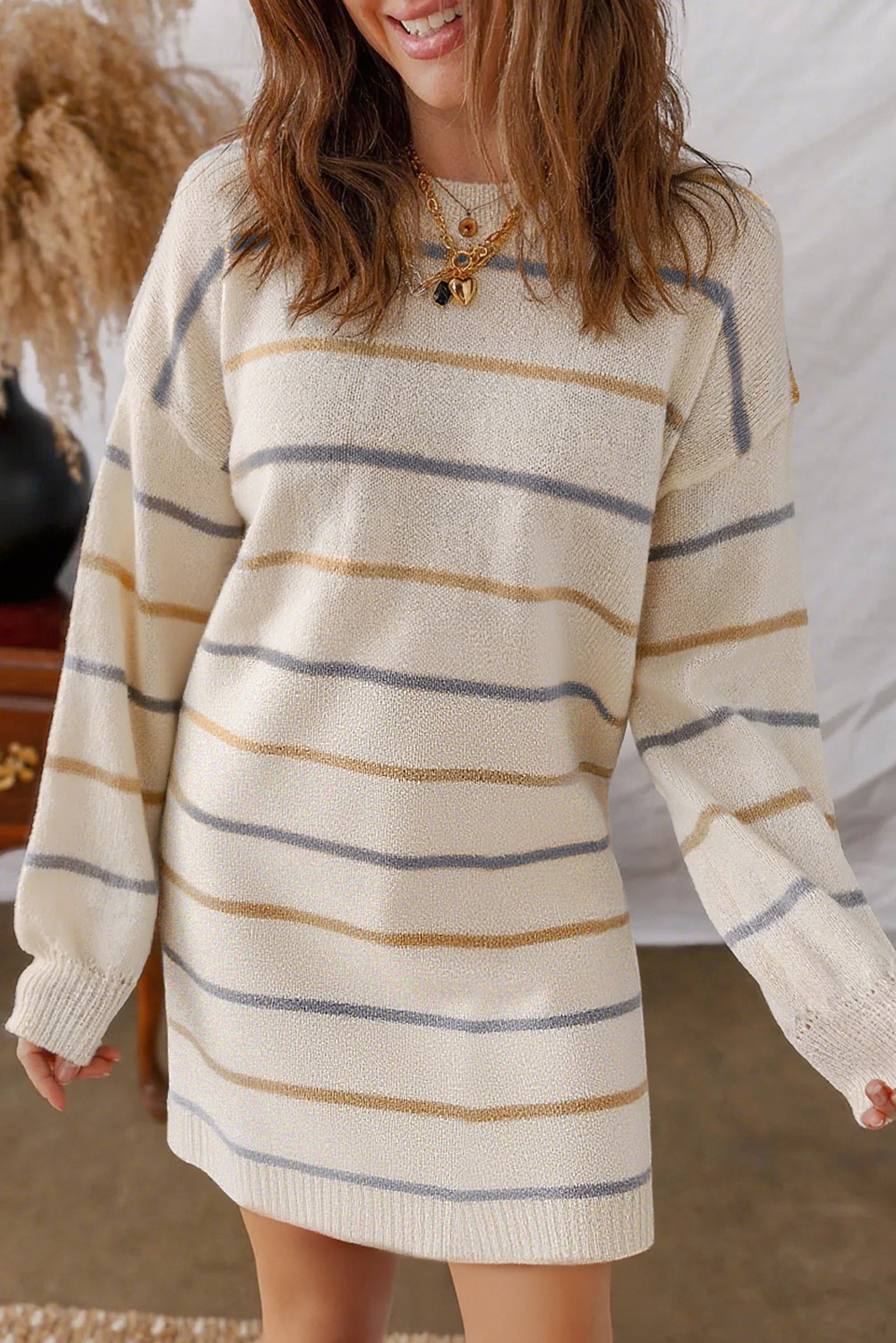 Multicolour Striped Buttoned Front V Neck Drop Shoulder Cardigan Sweater