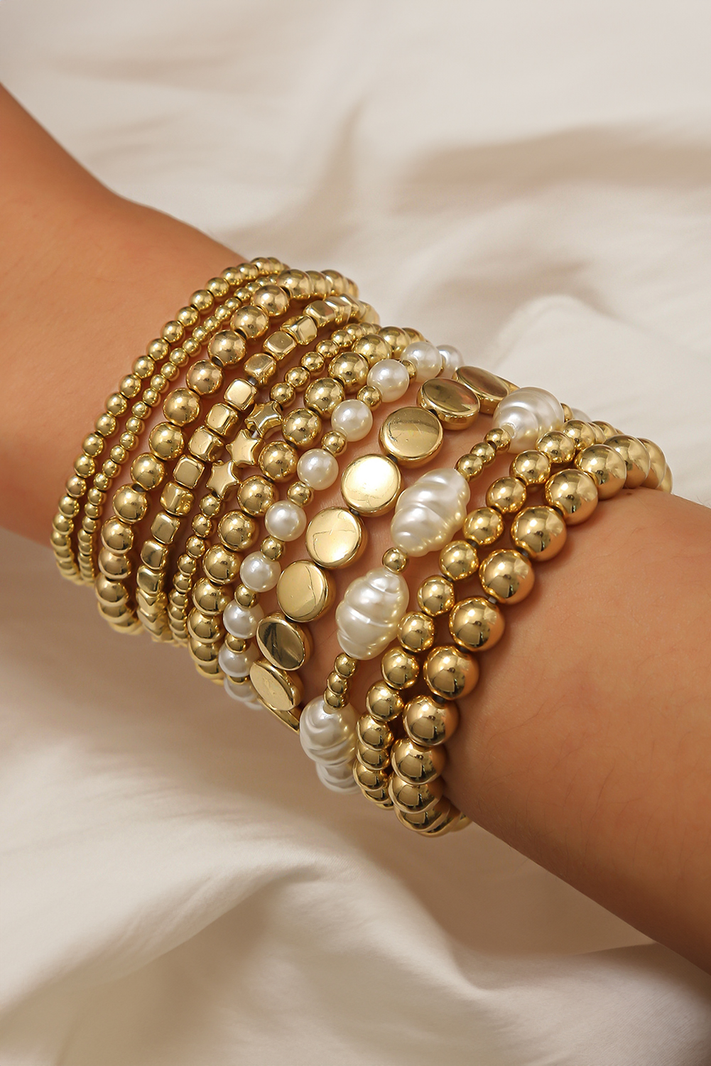 Gold 11pcs Alloy Pleated Pearl Beading Bracelet