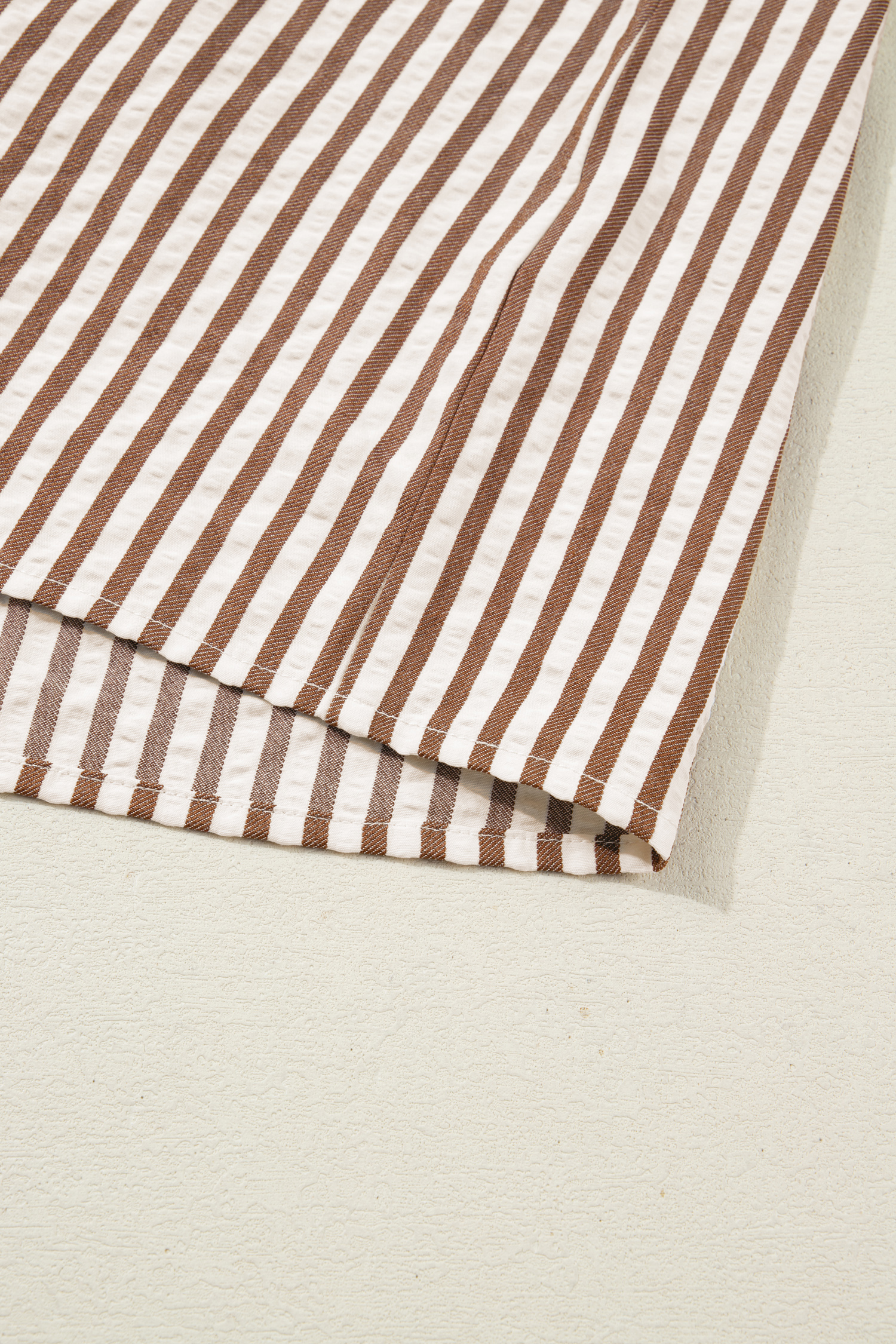 Sky Blue Stripe Leopard Trim V Neck Button Down Half Sleeve Shirt