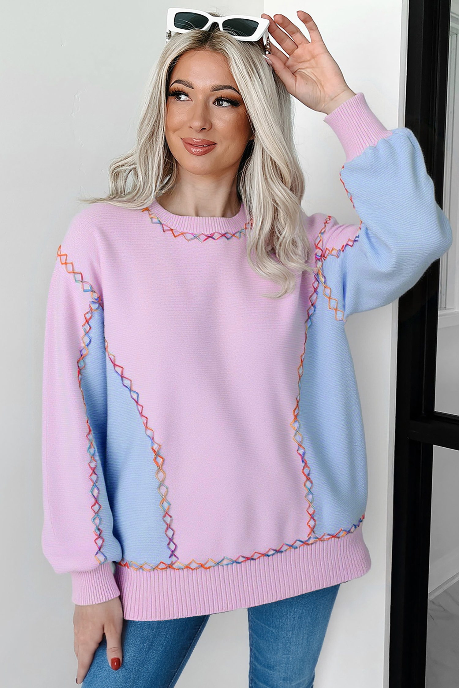 White Rainbow Stitching Balloon Sleeve Relaxed Sweater