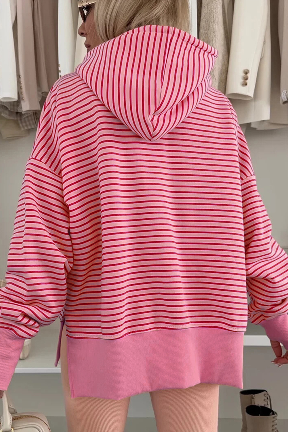 Purple Stripe Thumbhole Side Slits Drop Shoulder Loose Fit Hoodie