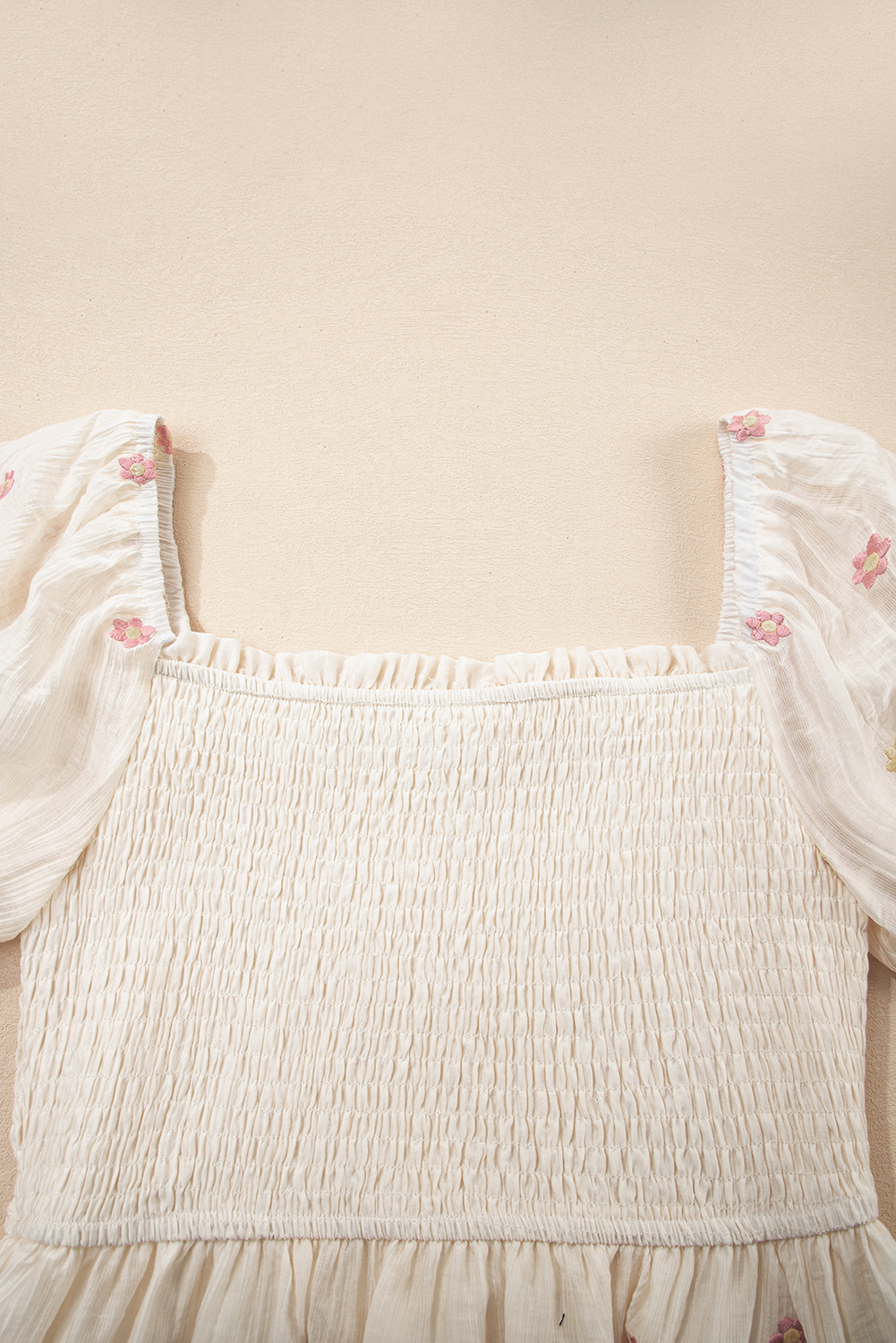 Beige Embroidered Flower Smocked Bust Half Puff Sleeve Empire Waist Textured Flowy Dress