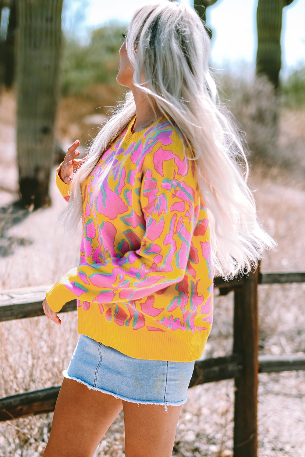 Green Abstract Print Ribbed Trim Baggy Sweater