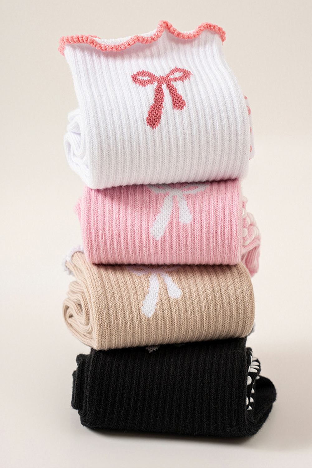 White Bow Print Non-Slip Ruffle Grip Socks